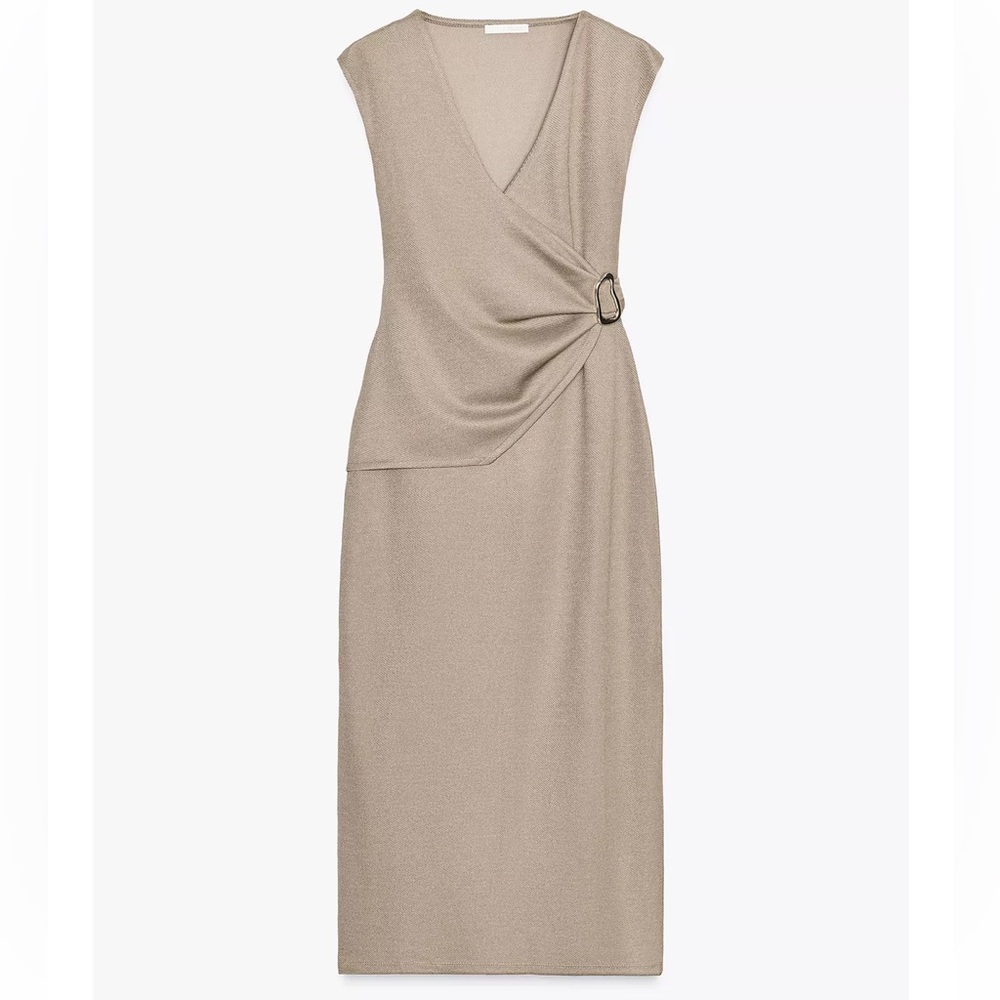 Zara NWT taupe beige tan wrap gold appliqué v neck midi dress - Picture 2 of 10